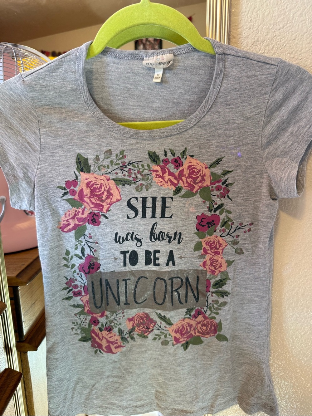 Self Esteem Gray Tee with Floral Unicorn Graphic